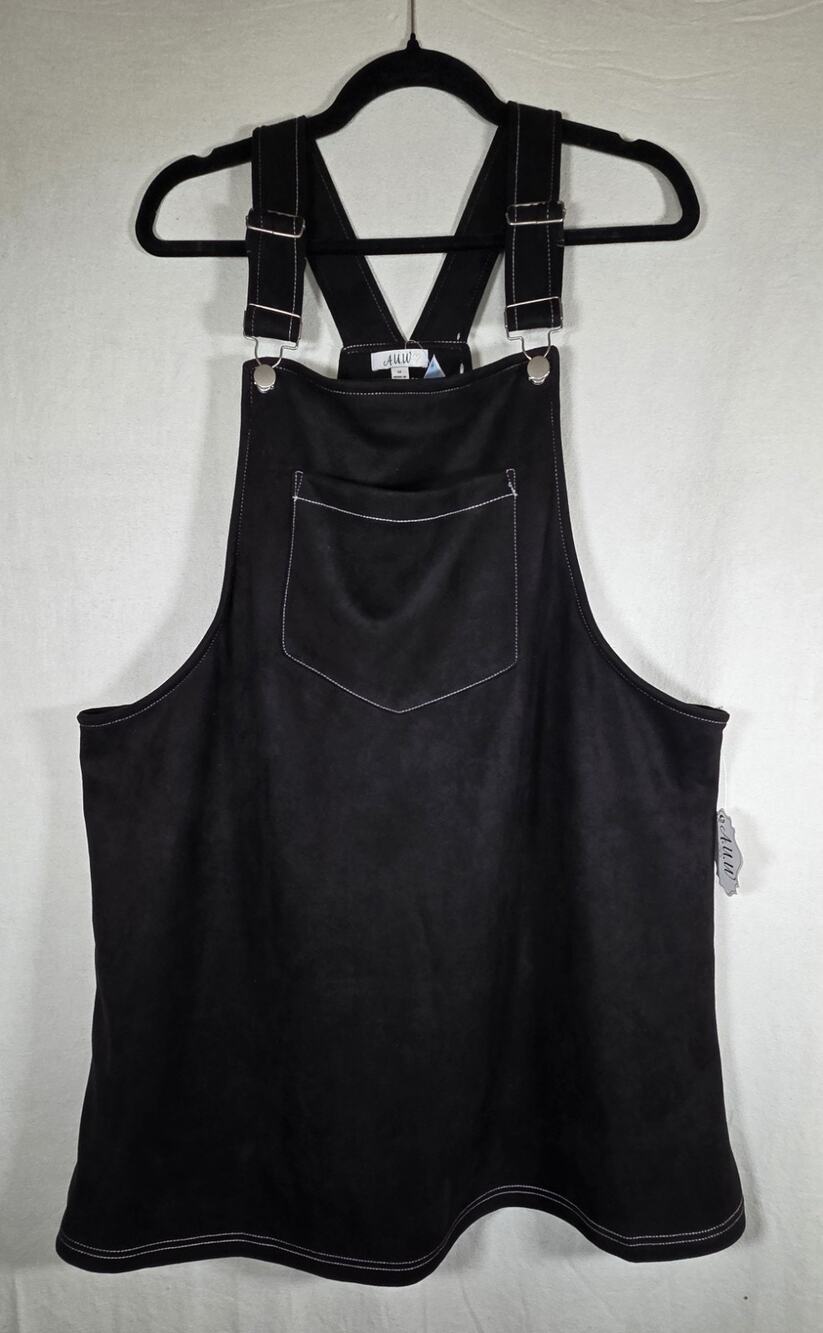 AUW Black Faux Suede Overall Dress Mini Pinafore Bib Pocket Contrast...